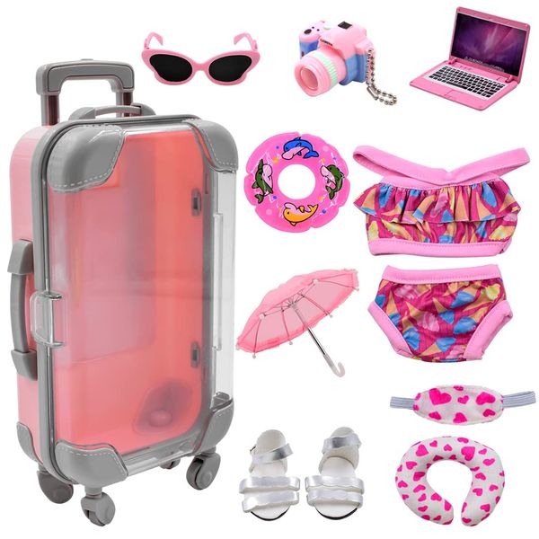 Acelane American Doll Travel Suitcase Play Set for Girl 18 Inch Doll, Travel Carrier Luggage Doll Clothes Sunglasses Camera Laptop Pillow, Pretend Play Toys Gift for Birthday, Christmas, Party, More