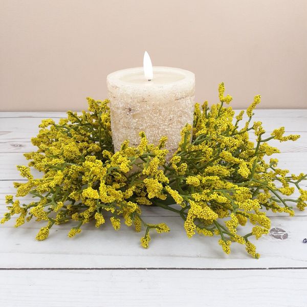 Floral Candle Ring Yellow Array Astilbe Flowers 3 in Inside Ring 10 in Overall