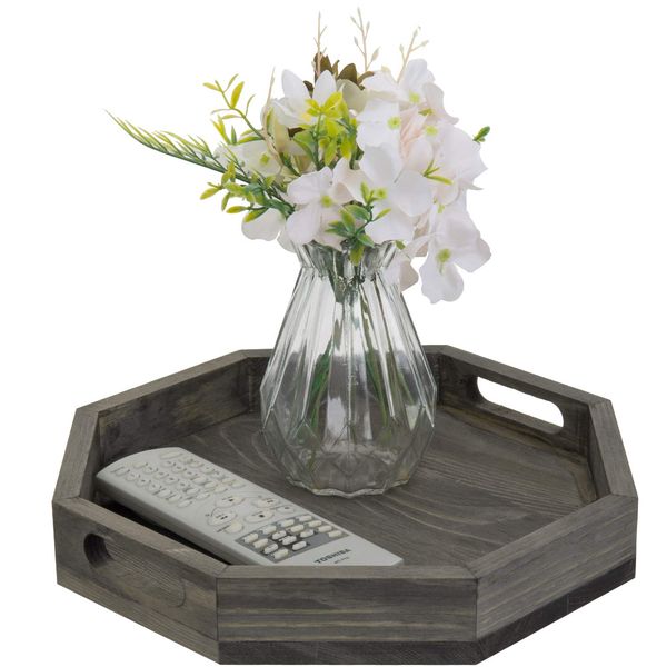 MyGift 12-Inch Vintage Gray Solid Wood Octagon Serving Tray with Cutout Handles