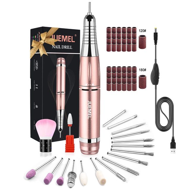 Portable Electric Nail Drill Kit 35000rpm, JUEMEL Professional Electric Nail File Efile Set for Acrylic, Gel Nails, Manicure Pedicure Tool with Nail Drill 17pcs Bits, Sanding Bands and Brush