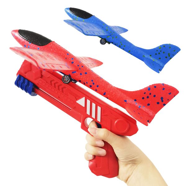 Aucess Boy Toys 2 Pack Airplane Launcher Toys, 2 Flight Modes Outdoor Throwing Foam Glider with Catapult Plane Gun Birthday Gift for 5+ Years Old Kid