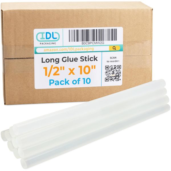 IDL Packaging 1/2" (0.43-inch) x 10" All-Surfaces Full-Size Hot Glue Sticks for Glue Guns, Clear (Pack of 10) - Superior Bonding Strength for Wood, Metal, Plastic, Glass, Tile, Cardboard, Masonry