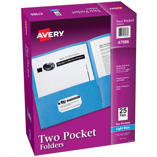 Avery Two Pocket Folders, Holds up to 40 Sheets, Business Card Slot, 25 Light Blue Folders (47986)