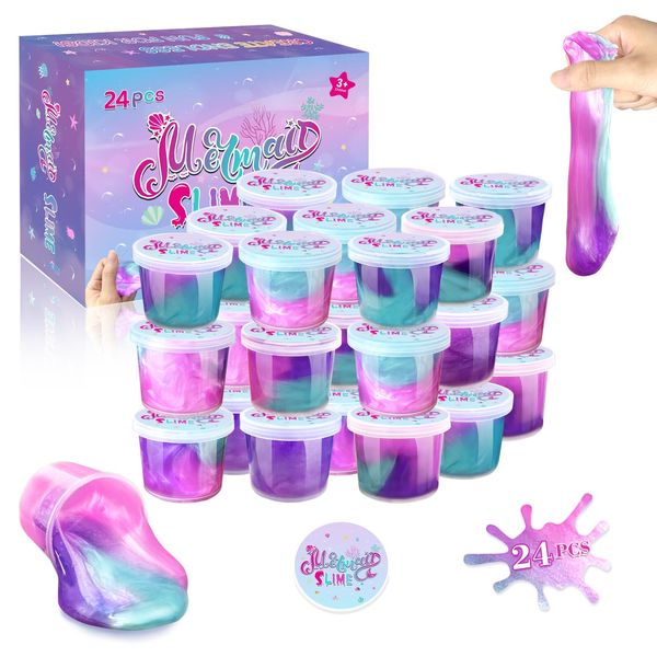 24 Pack Mermaid Slime Party Favors for Kids Slime Cup Bulk DIY Stress Relief Putty Toy Christmas Easter Birthday Goodie Bag Stuffer Classroom Reward for Girls Boys Stretchy & Non-Sticky