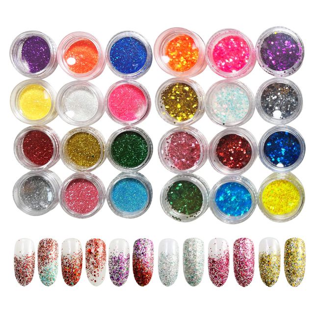 Nail Glitter Glitter Powder Set of 24 in Case, Nail Parts, Glitter Powder, Nail Art, Gel Nails, Resin Enclosed Face, Body, Decoration Parts