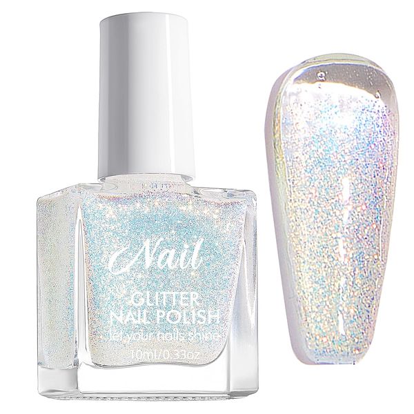 Glitter Nail Varnish - Silver Sparkly Nail Polish Reflective Gold Flash - Translucent Nail Polish Quick Dry - 60 Second Nail Varnish No Bake - Long Lasting Breathable Nail Polish