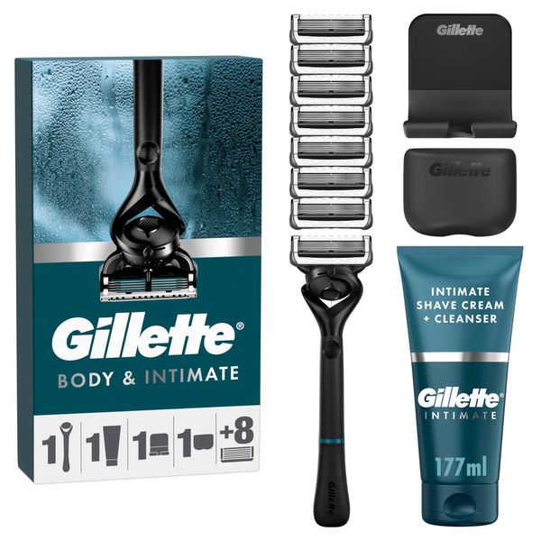 Gillette Intimate Men’s Pubic Razor Set, 8 Razor Blade Refills + 2in1 Shave Cream & Cleanser, Easy to Use, Formulated for Pubic Hair, Includes Shower Hook and Travel Cover