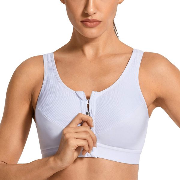 SYROKAN Women's Zip Front High Impact Wireless Racerback High Support Zipper in Front Sports Bra White 36DD