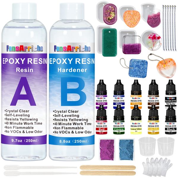 FansArriche Epoxy Resin Kit 500 ml, Resin Starter Kit, Resin Kits for Beginners, Epoxy Resin and Hardener with Key Chains Moulds for Sculpting Moulding & Casting, Art & Craft, Jewelry Making Kit