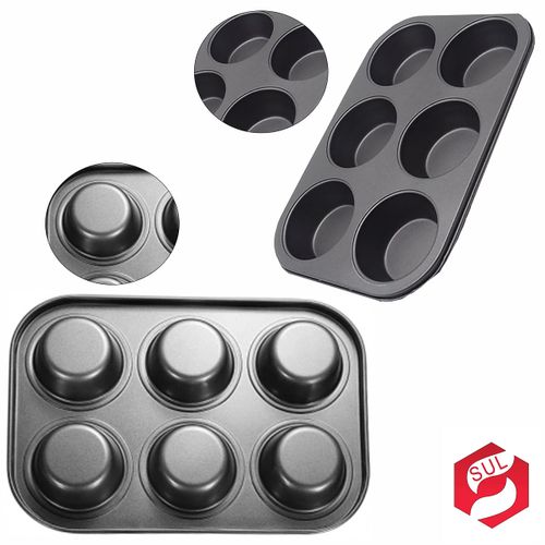 SUL Non Stick Muffin Trays Baking Moulds, Cupcake Tray for Yorkshire Pudding Tray, Cup Cakes, Muffin Tin Mince Pie Baking Tray Sweet Treats Dishwasher Safe (6 Cup Black Tray)