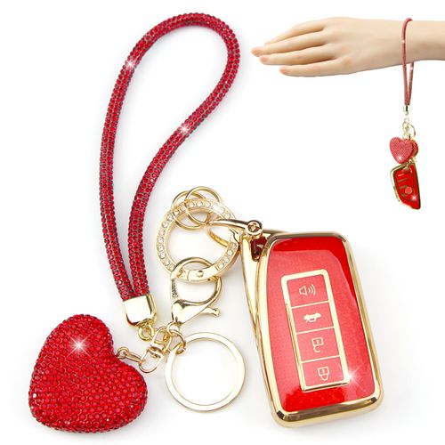 YIKECASE Key Fob Cover with Diamond Heart Keychain Compatible with Lexus Car Key Holder Compatible with Lexus RX ES GS LS NX RS GX LX RC LC Remote Key Protector for Women, 4 Buttons (Red-Wrist Rope)
