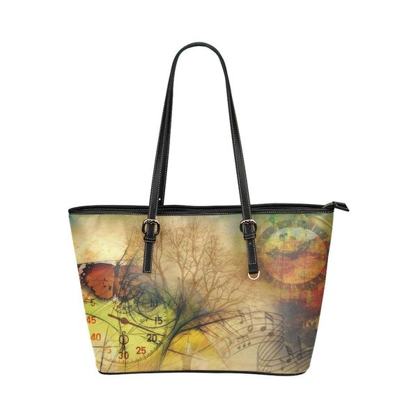 Large Leather Tote Shoulder Bag - Time Clock Print - One Size