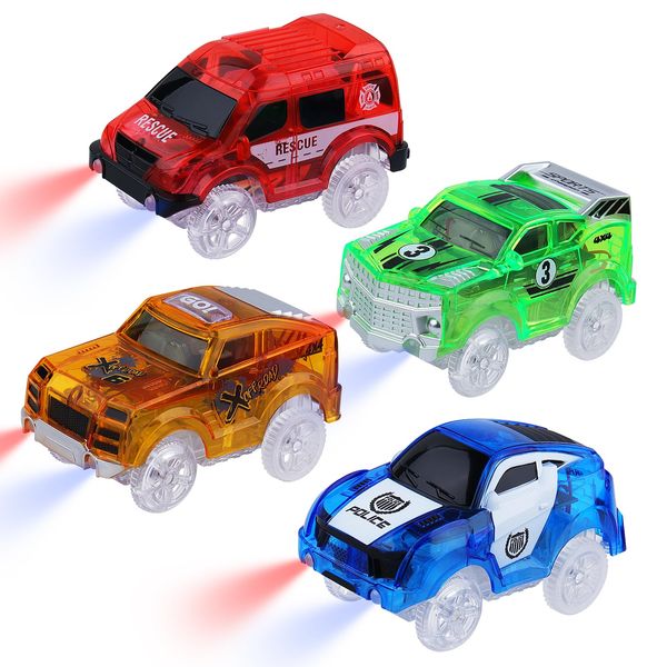 Tracks Cars Magic,Light Up Magic Toy Race Cars Glow in The Dark Toy Cars Gifts for 3 4 5 6 7 8 Kid,Boy&Girl with 5 LED Flashing Light Battery Operated Vehicle Compatible with Most Race Tracks(4pcs)