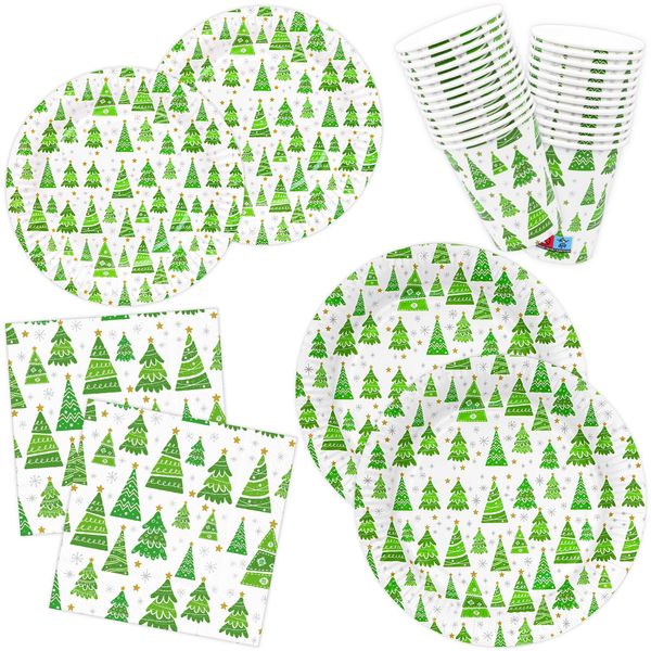 HNH Christmas Paper Plates, Napkins, Paper Cups, Dessert Plates Set 100 Pieces Green Forest Party Tableware for Table Decorations