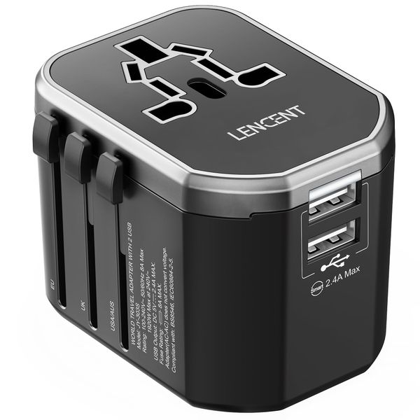 LENCENT Reiseadapter Weltweit Internationaler Reisestecker mit 2 USB Anschlüße AC Steckdose Travel Adapter über 150+ Länder für Australien USA UK Europa Deutschland