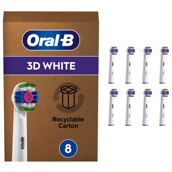 Oral-B 3D White Electric Toothbrush Head with CleanMaximiser Technology, Angled Bristles for Deeper Plaque Removal, Pack of 8, White