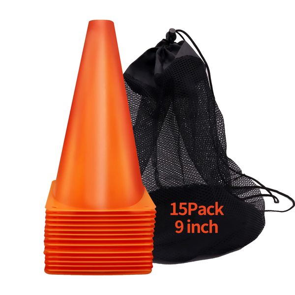 MIVERYEA Cones Sports, 9 Inch Training Cones for Soccer Practice, 15 Pack Agility Field Cone Set for Drills Football Basketball, Plastic Orange Cones for Outdoor Indoor Games