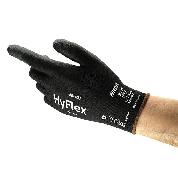 Ansell HyFlex 48-101 Thin Work Gloves, Stretch Fit Nylon Liner with Flexible PU Coating, Lightweight Safety Gloves for Precision Handling, DIY and Mechanics, Black, Size XL (12 Pairs)