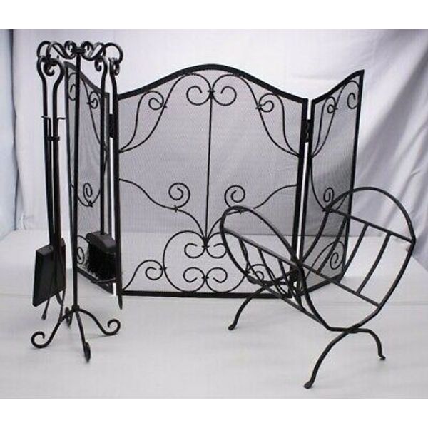 Fireplace Set Screen Tools Tool Stand Log Rack Holder Black Wrought Iron Metal