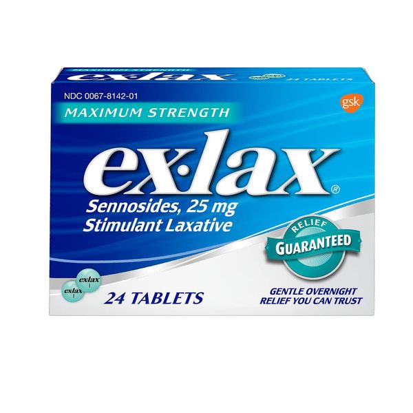 Ex-Lax Maximum Strength Sennosides, 25 mg, Stimulant Laxative Tablets for Gentle overnight relief, 24 count (Pack of 2)