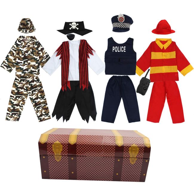 Toiijoy Boys Dress up Trunk 15Pcs Role Play Costume Set-Pirate,Policeman,Soldier,Firefighter Costume for Kids Age 3-6yrs