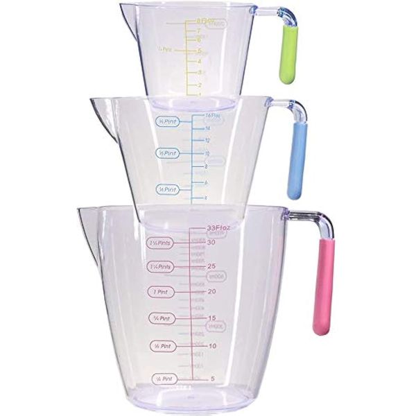 SGAONSN Plastic Measuring Jug Set of 3, Measuring Jugs with Angled Grip Handles,BPA-freeTransparent Measuring Cups 200ML / 400ML / 900ML, Easy to Read Measurements, Cook with Accuracy