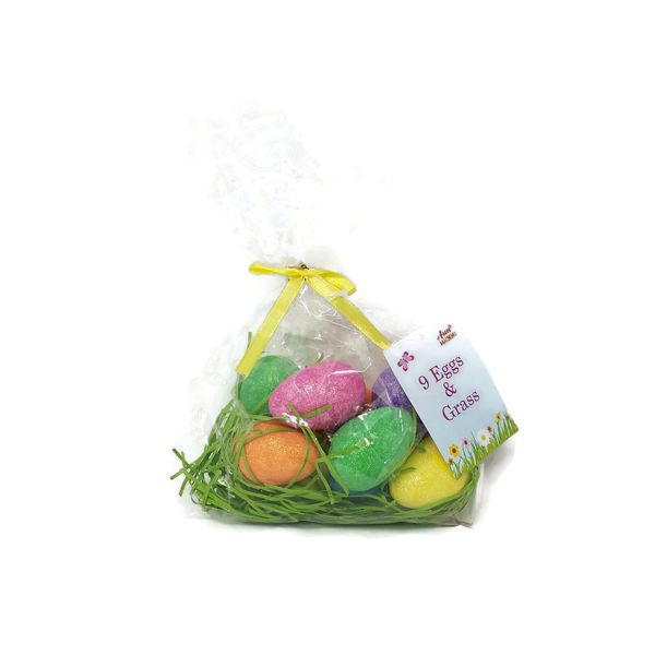 9 Glitter Polystyrene Easter Eggs with Grass