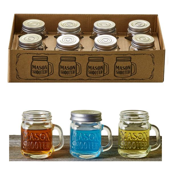 Hayley Cherie® - Mason Jar Shot Glasses with Leak Proof Lids (Set of 8) - Mini Mason Shooter Glass with Handles - 2 Ounces - For Drinks, Favors, Desserts, Parties, Gifts