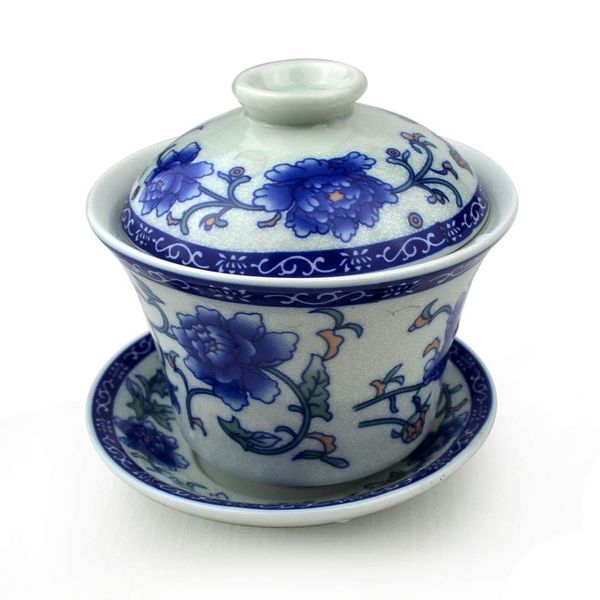 vv8oo Gaiwan 5.5oz Chinese Penoy Teacup Qinghua Porcelain Cup Gongfu Tea Set (Peony)