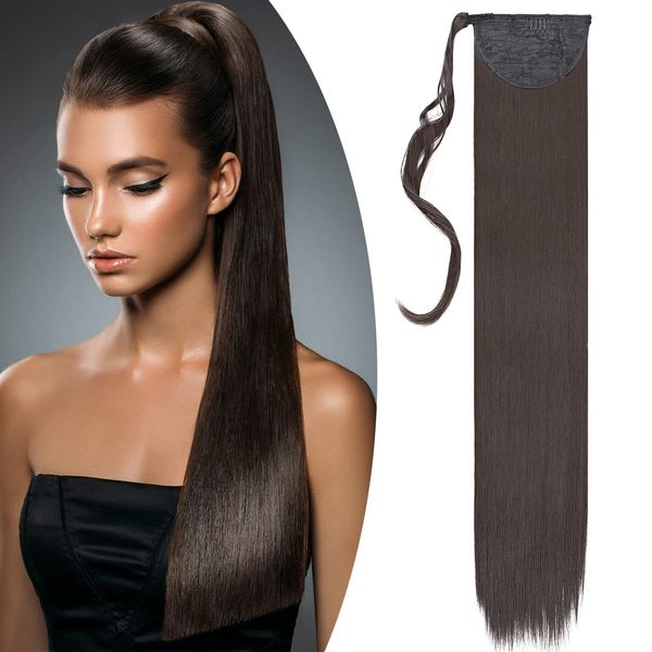 32" Straight Wrap Around Ponytail Clip In Hair Extensions Silky One Piece Long Hairpiece For Women Beauty - Dark Brown