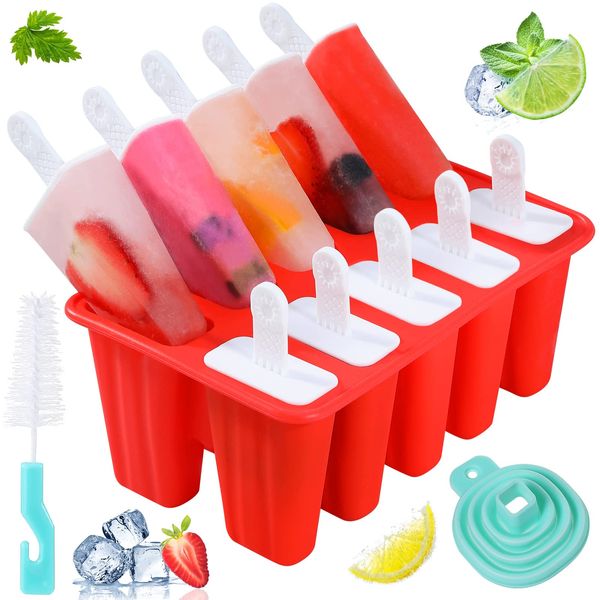 Popsicle Molds,Silicone Ice Pop Molds,BPA Free Popsicle Mold Reusable Easy Release Ice Pop Maker,Homemade Popsicle Mould with Silicone Funnel and Cleaning Brush (Red, 10 Cavities)