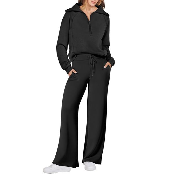 Women's 2 Piece Sweatsuit Set - Oversized Quarter Zip Sweatshirt & Wide Leg Sweatpants - Matching Lounge Set by ANRABESS