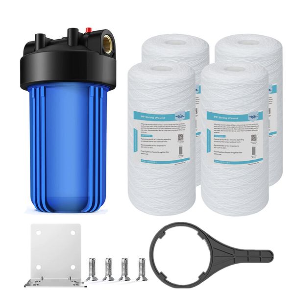 10 Inch Big Blue Whole House Water Filter Housing System &4P String Sediment Set