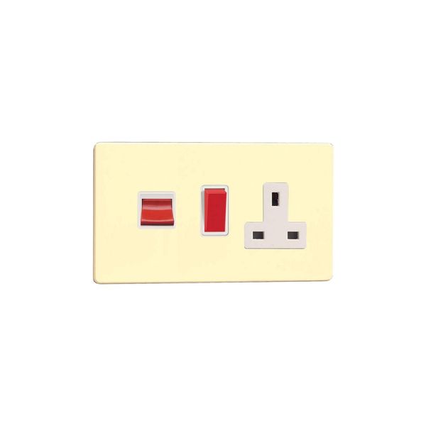 Varilight Flat Plate Screwless White Chocolate 45 Amp Cooker Switch & 13A Plug Socket with Neon