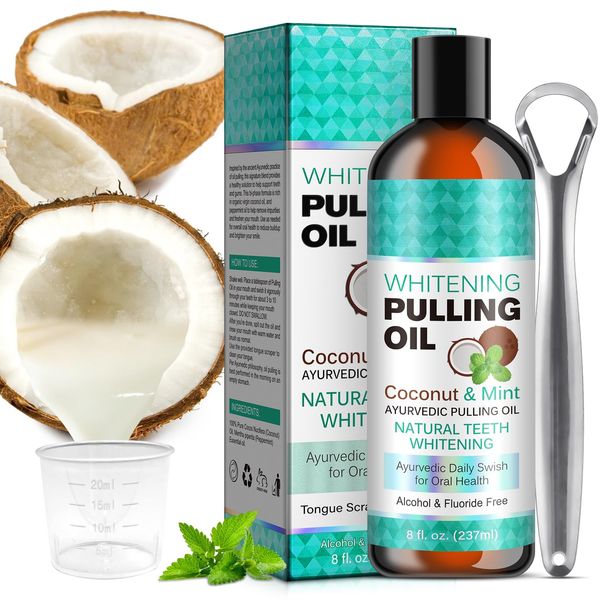 Coconut Pulling Oil, (8 Fl.Oz) Mint Oil Pulling Mouthwash with Tongue Scraper, Fresh Breath & Teeth Whitening & Healthy Gums, Natural Coconut Oil Pulling with Coconut & Peppermint Oil-Mouthwash