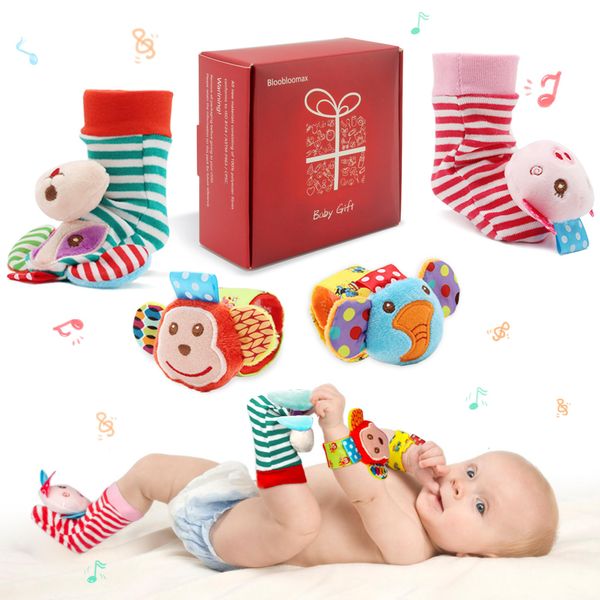 Infant Rattle Socks Toys 0 to 36 Months, Baby Wrist Rattle Foot Finder Socks Set, Birthday Holiday Present for Newborn Boy Girl 0/3/4/6/7/8/9/12/18 Months Kids Toddler, Gift Box Package (4A-Red)