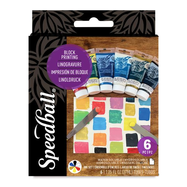 Speedball Block Ink Starter Set (6 Tubes-Water Soluble-Red, Blue, Yellow, Black, White, Gold), Multicolor