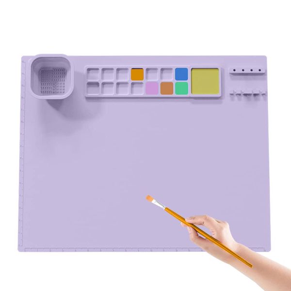 Hapihom Silicone Craft Mat 20"X16" Kids Silicone Art Mat with Foldable Cup and Brush Holder Color Dividers Heat-resistant Craft Mat Painting Mat for Painting Art Clay violets