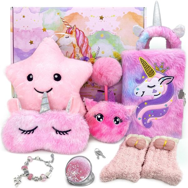 Lobimelan Unicorns Gifts for Girls Toys 6 7 8 9 10 Year Old Tie-Dye Playset Includes Star Stuffed Mirror Diary Eyemask Headband Purse Pen Bracelet and Sock