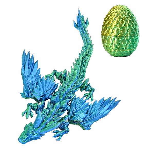 Hannahcos 3D Printed Dragon with Wings, 3D Printed Dragon Eggs with Dragon Inside, Dragon Fidget Toy, Articulated Crystal Dragon in Egg, Home Office Decor (Yellow & Green)