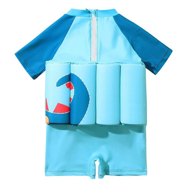 Kids Float Swimsuit with 8 Adjustable Buoyancy Sticks for Baby Boys Girls One Piece Floating Swim Vest Training Aid Swimwear Blue - Short Sleeve 4-5T