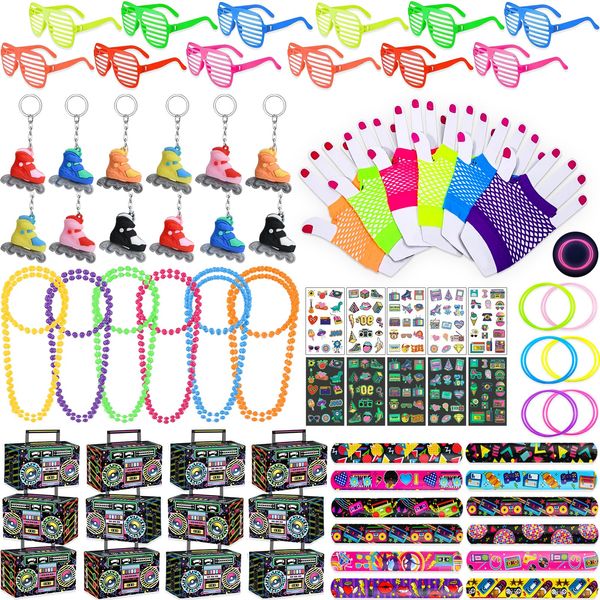 Winrayk 84Pcs 80s 90s Party Favors Birthday Supplies Shutter Glasses Gift Box Glove Necklace Hair Tie Glow Sticker Slap Bracelet Keychain Adult Teen Kid Retro Hip Hop 80s 90s Party Supplies Decoration