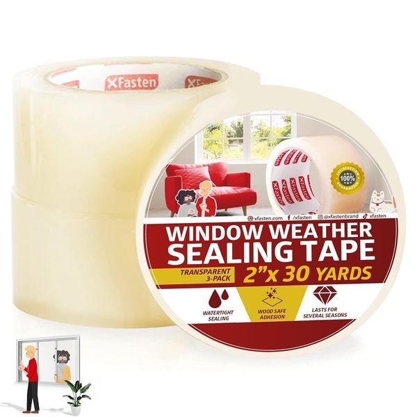 XFasten Transparent Window Weather Stripping Tape 2”x30yds (3-Pack Total 90yd...