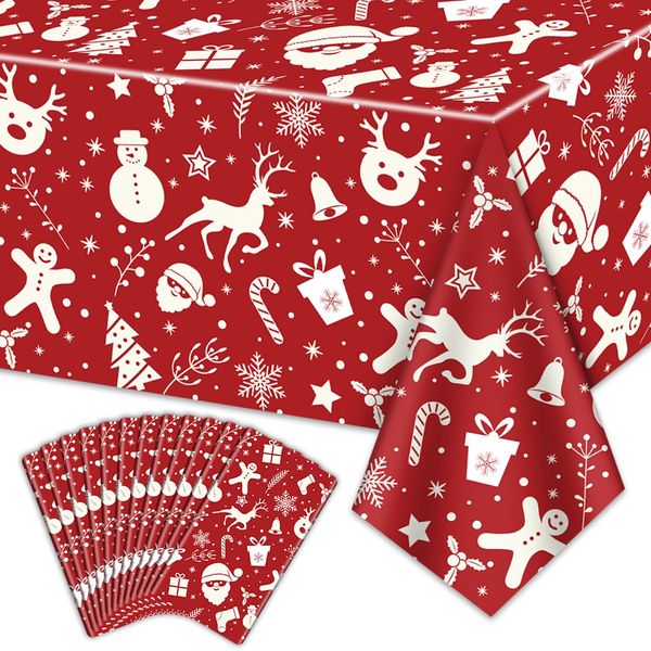 QUERICKY Christmas Tablecloths for Rectangle Table, 87x51'' Santa Claus Snowman Reindeer Snowflake Xmas Plastic Disposable Table Cover for Christmas Party Winter Events Decorations, Red, 12 Pack