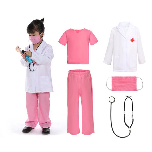 Leadtex- Pretend-Play Doctor Costume for Kids,Dress up Role Play Doctor Clothing with top,Pants,mask,Coat and stethoscopes.(Pink,5-6)