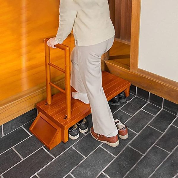 Stepladder Entrance Wooden Handrail Included, Entrance Stand, Width 23.6 inches (60 cm), Width 35.4 inches (90 cm), Step Stand, Natural Wood, Handrail Included, Step Stand, Elevation, Step Stand, Nursing Care, Elevation Assistance, Shoe Storage, Gift, Saf