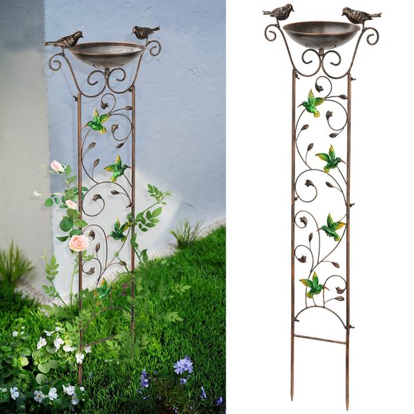 SUNNYPARK Antique Garden Iron Trellis with Decorative Hummingbirds Detachable Bird Bath Bowl Metal Potted Plant Support for Climbing Flowers