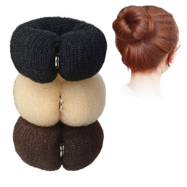 3Pcs Nylon Women Hair Bun Maker with Invisible Button Doughnuts Sock Bun Ring Styler Maker Ballet Hair Crown Shapers Accessories for Dancer Yoga (Black Beige Dark Brown)