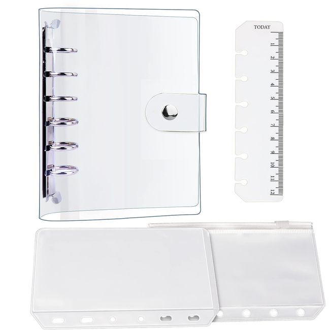 Leobro A7 Transparent Binder, Mini 6 Hole Notebook, Pocket Size, PVC Clear Material, Soft, Includes Bodan, 2 Clear Pockets, Includes Ruler, Notebook, Memo Pad