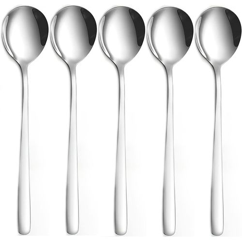 YFWOOD S41000 Stainless Steel Spoon, Dinner Spoon, Set of 5, 8.1 inches (20.8 cm), Korean Style, Long, Dishwasher Safe, Bibimbin Bath Spoon, Simple, Soup, Curry, Ramen, Salad, Lunch Spoon, Silver